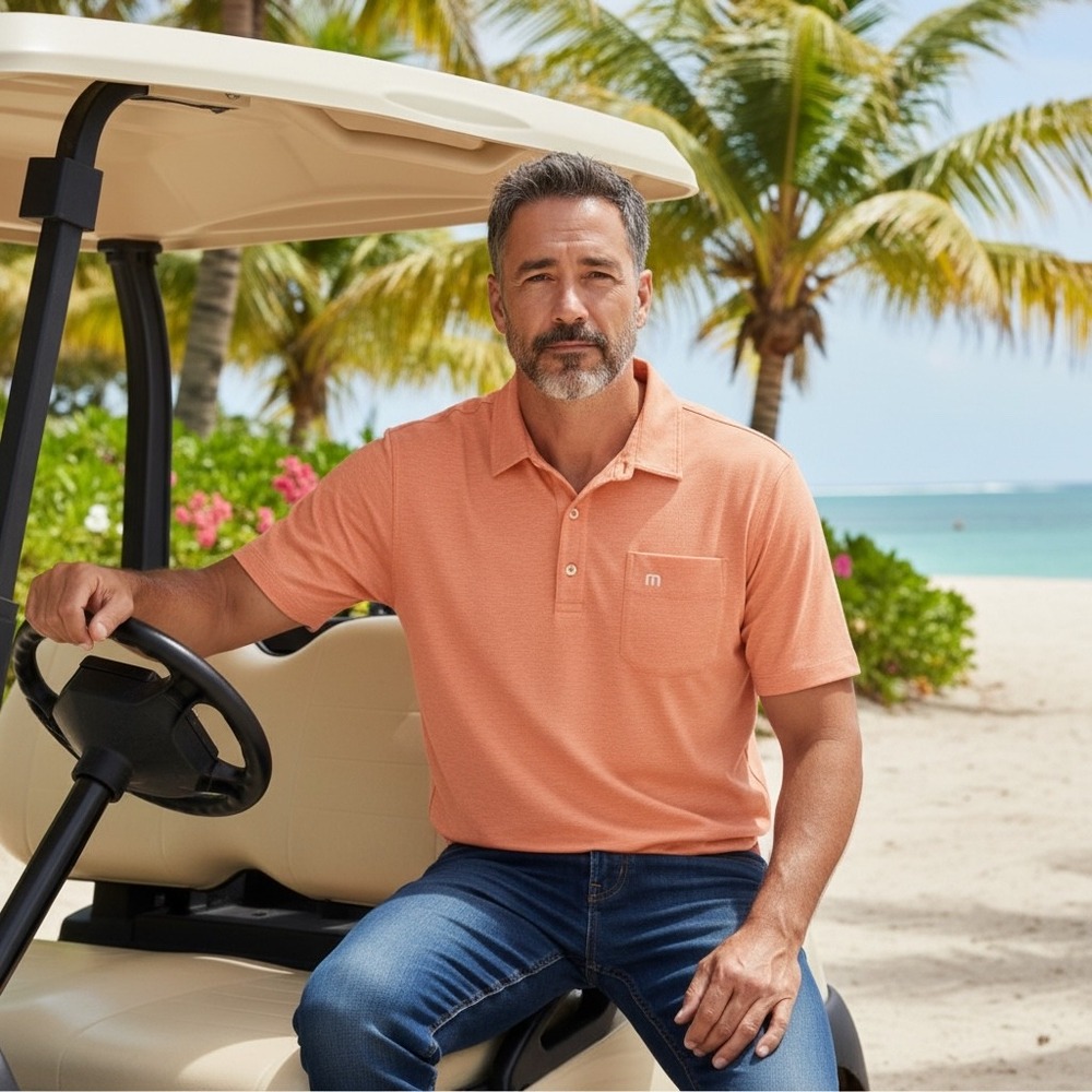TravisMathew Mens Short Sleeve Polo Shirt‎ Orange Heathered Chest Pocket Large